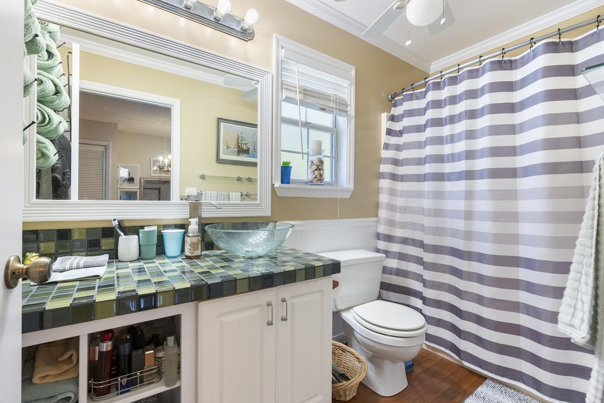 Bathroom, Interior, Tile Countertops, Wood Texture Flooring