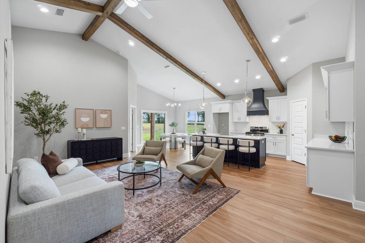 Interior, Kitchen, Living room, Pendant Lights, Recessed Lighting, Stainless Steel Appliances, Wooden Beams, Wood Texture Flooring