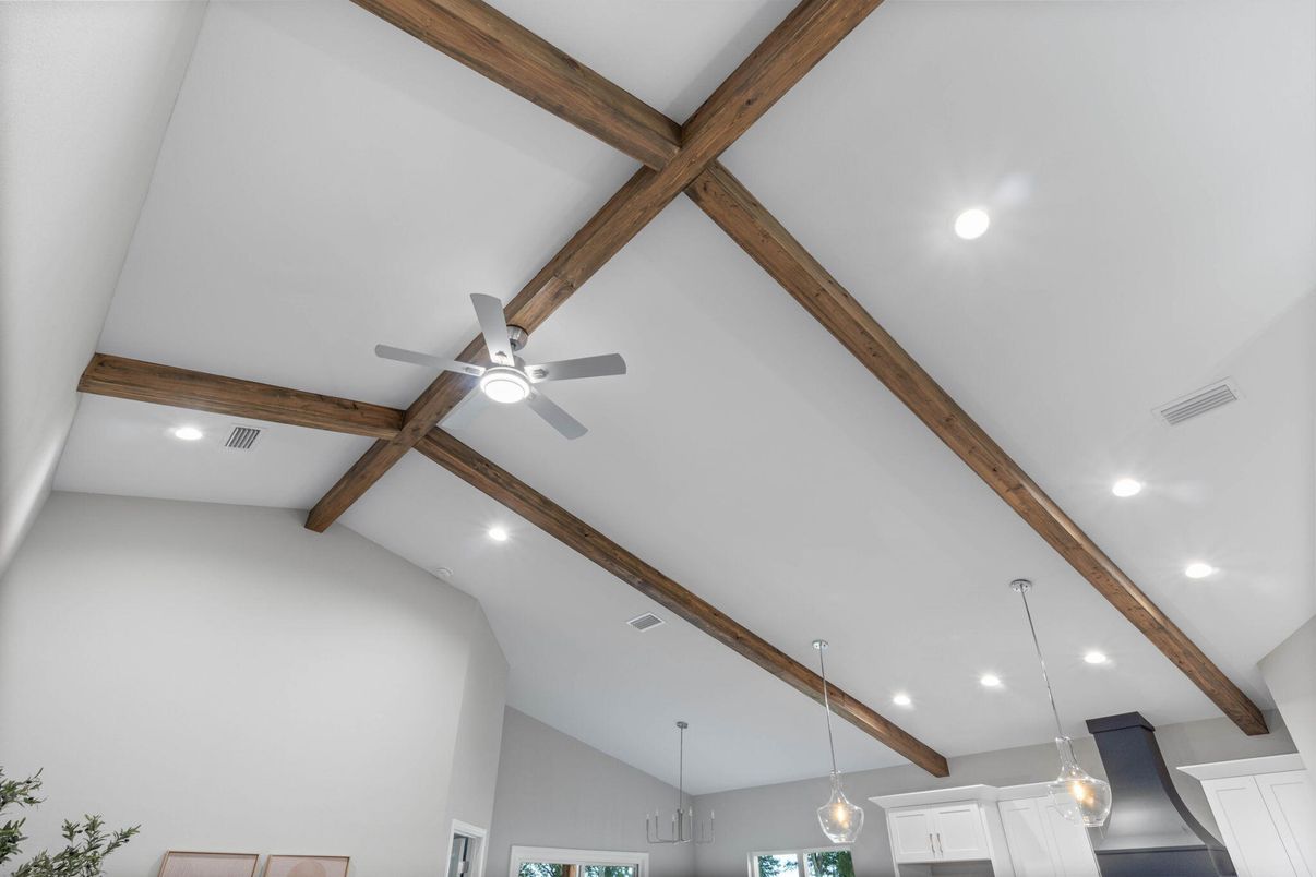 Empty room, Interior, Pendant Lights, Recessed Lighting, Wooden Beams
