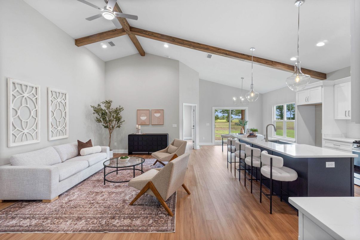 Interior, Kitchen, Living room, Pendant Lights, Recessed Lighting, Wooden Beams, Wood Texture Flooring