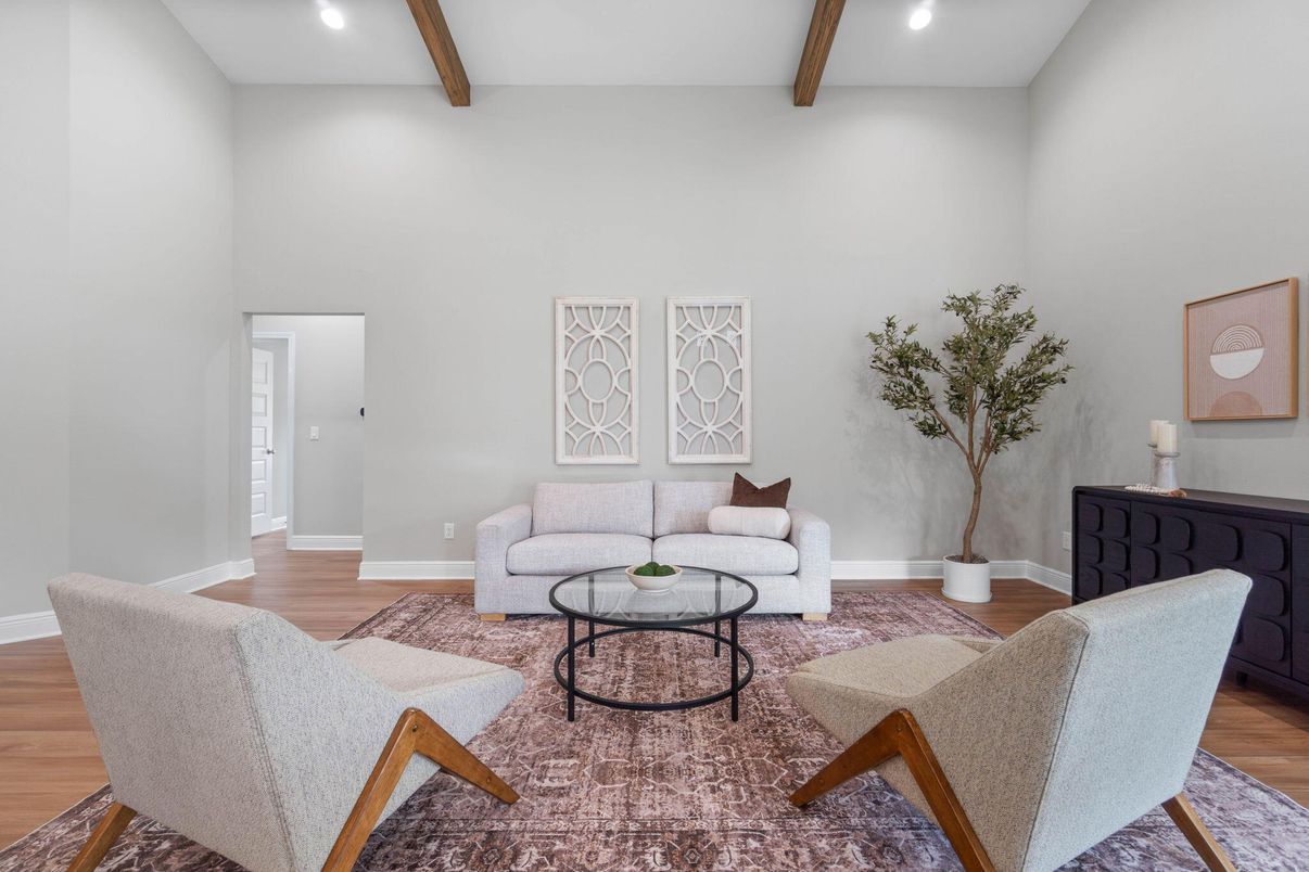 Interior, Living room, Recessed Lighting, Wooden Beams, Wood Texture Flooring