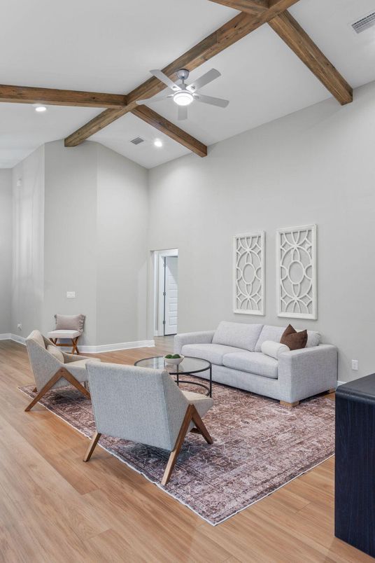 Interior, Living room, Recessed Lighting, Wooden Beams, Wood Texture Flooring