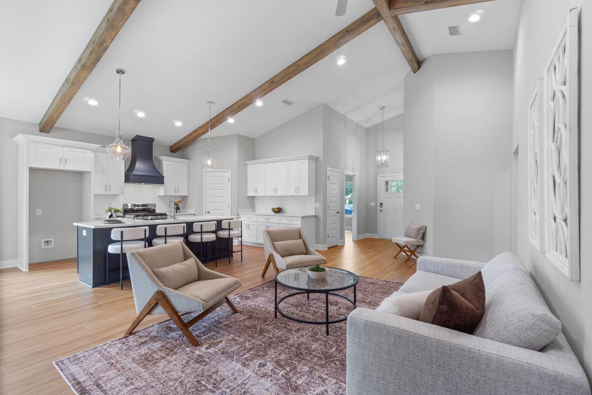Interior, Kitchen, Living room, Pendant Lights, Recessed Lighting, Wooden Beams, Wood Texture Flooring