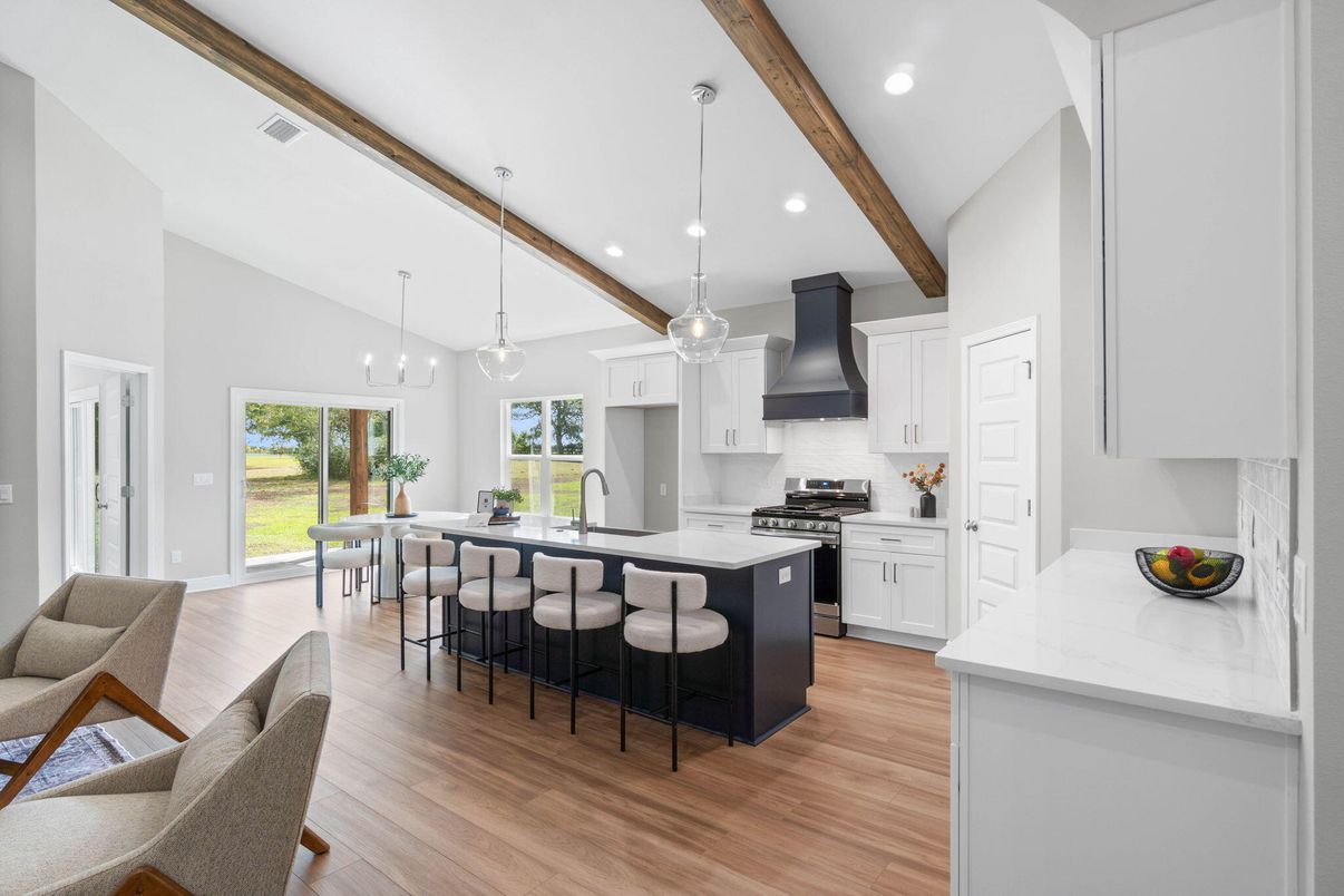 Interior, Kitchen, Pendant Lights, Recessed Lighting, Stainless Steel Appliances, Wooden Beams, Wood Texture Flooring