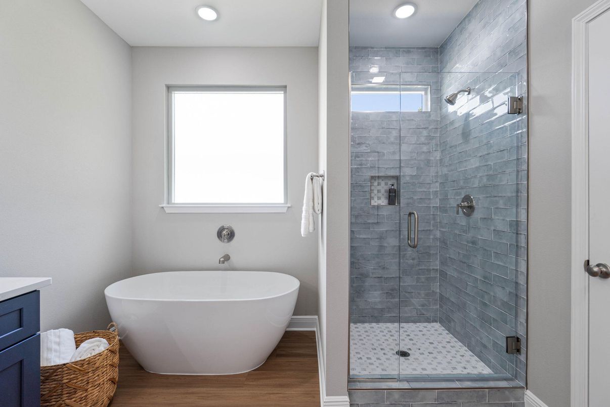 Bathroom, Free Standing Baths, Glass Shower, Interior, Recessed Lighting, Wood Texture Flooring