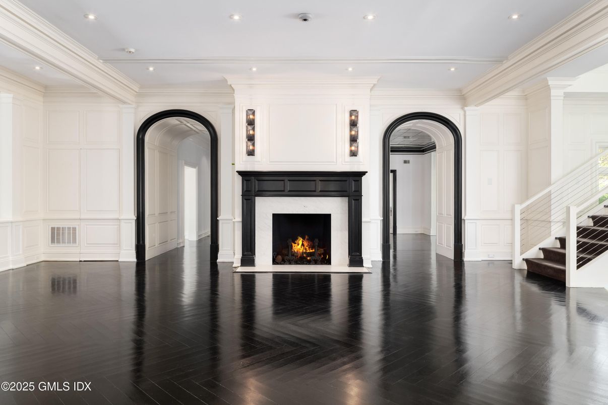 Empty room, Fireplace, Interior, Recessed Lighting, Wood Texture Flooring