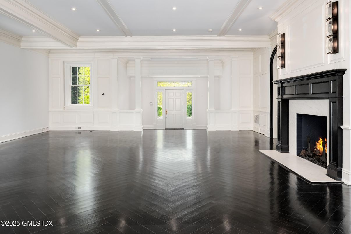 Empty room, Fireplace, Interior, Recessed Lighting, Wood Texture Flooring