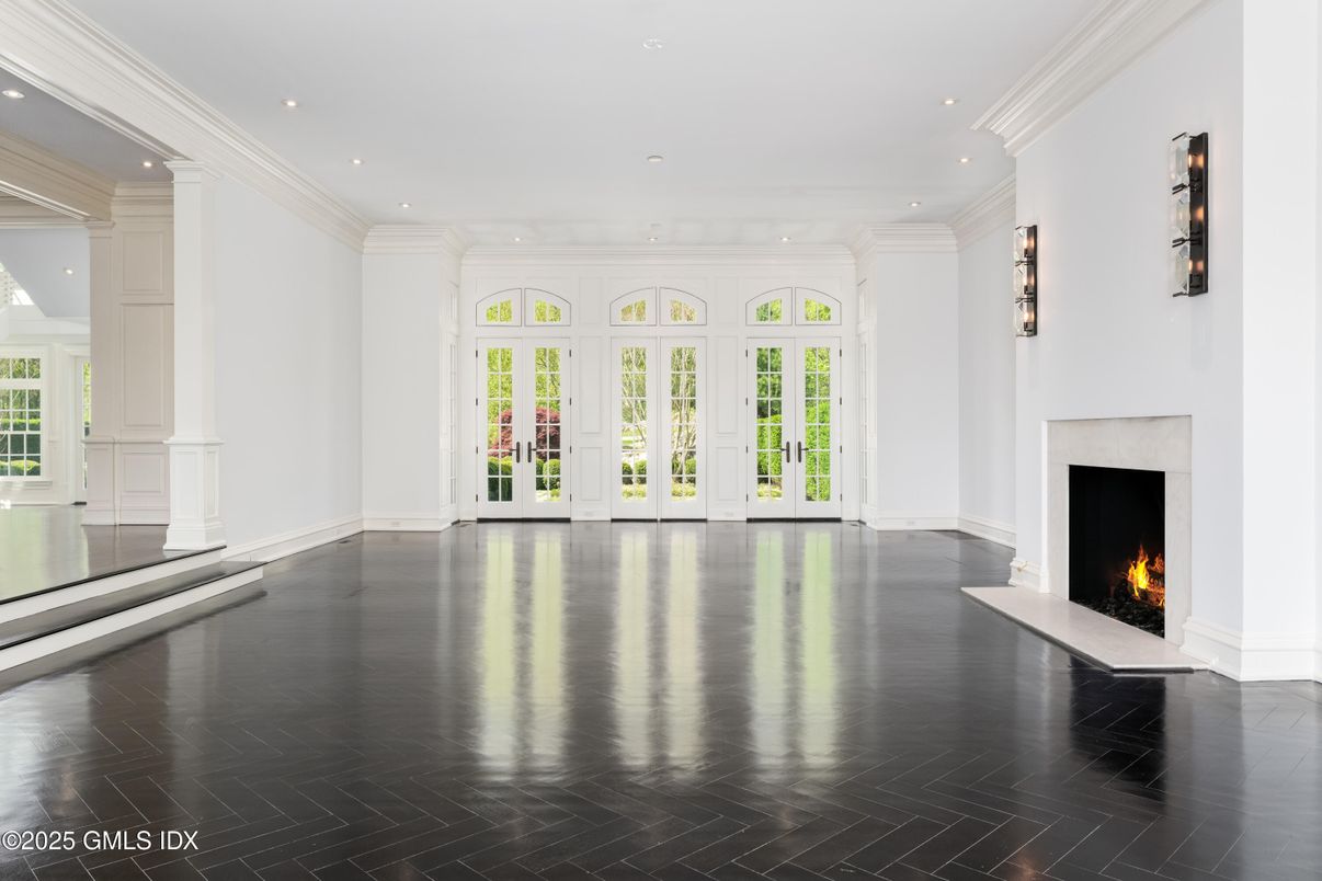 Empty room, Fireplace, Interior, Recessed Lighting, Wood Texture Flooring