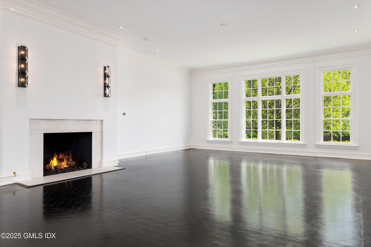 Empty room, Fireplace, Interior, Recessed Lighting, Wood Texture Flooring