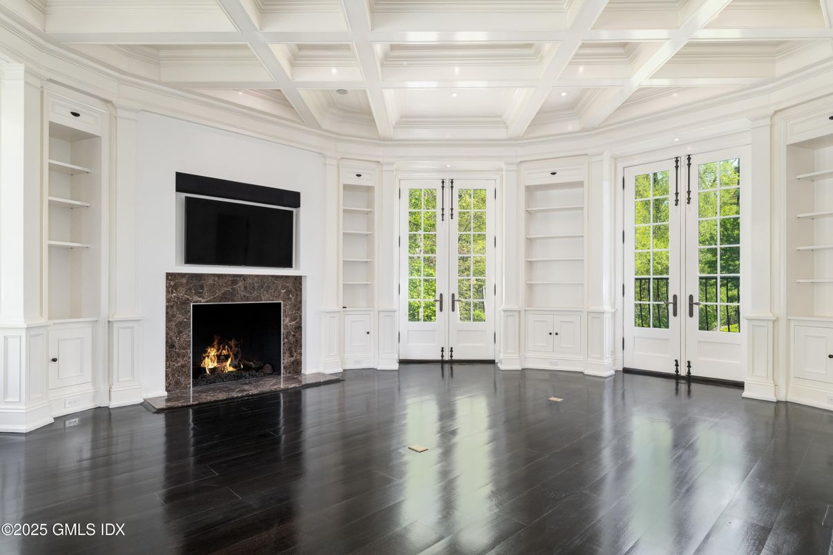 Empty room, Fireplace, Interior, Recessed Lighting, Wood Texture Flooring