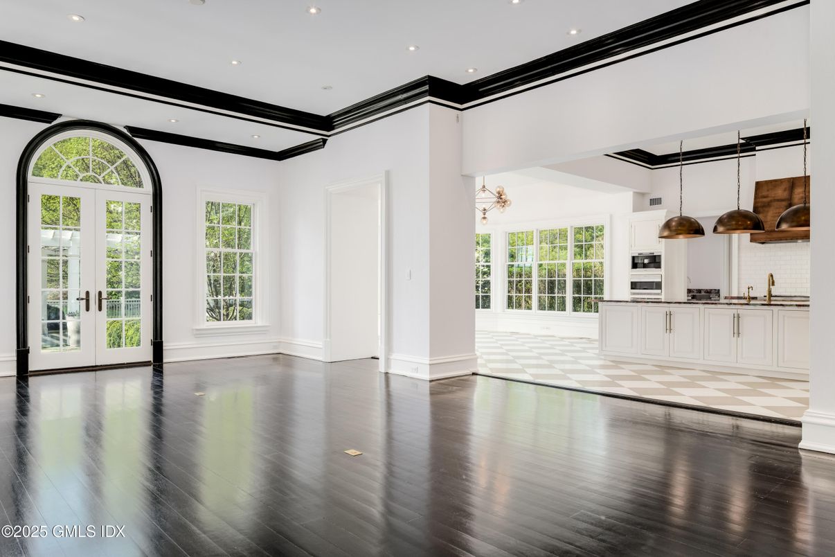 Empty room, Interior, Kitchen, Pendant Lights, Recessed Lighting, Wood Texture Flooring