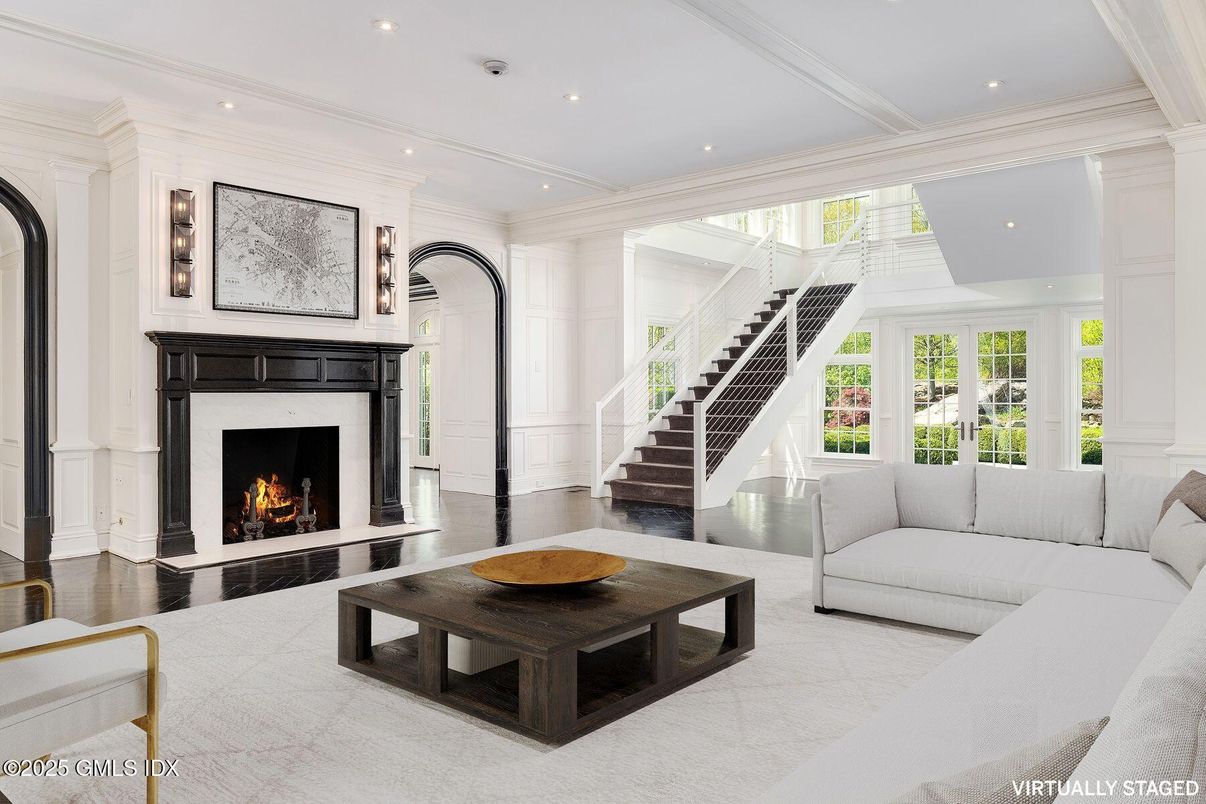 Fireplace, Interior, Living room, Recessed Lighting, Wood Texture Flooring
