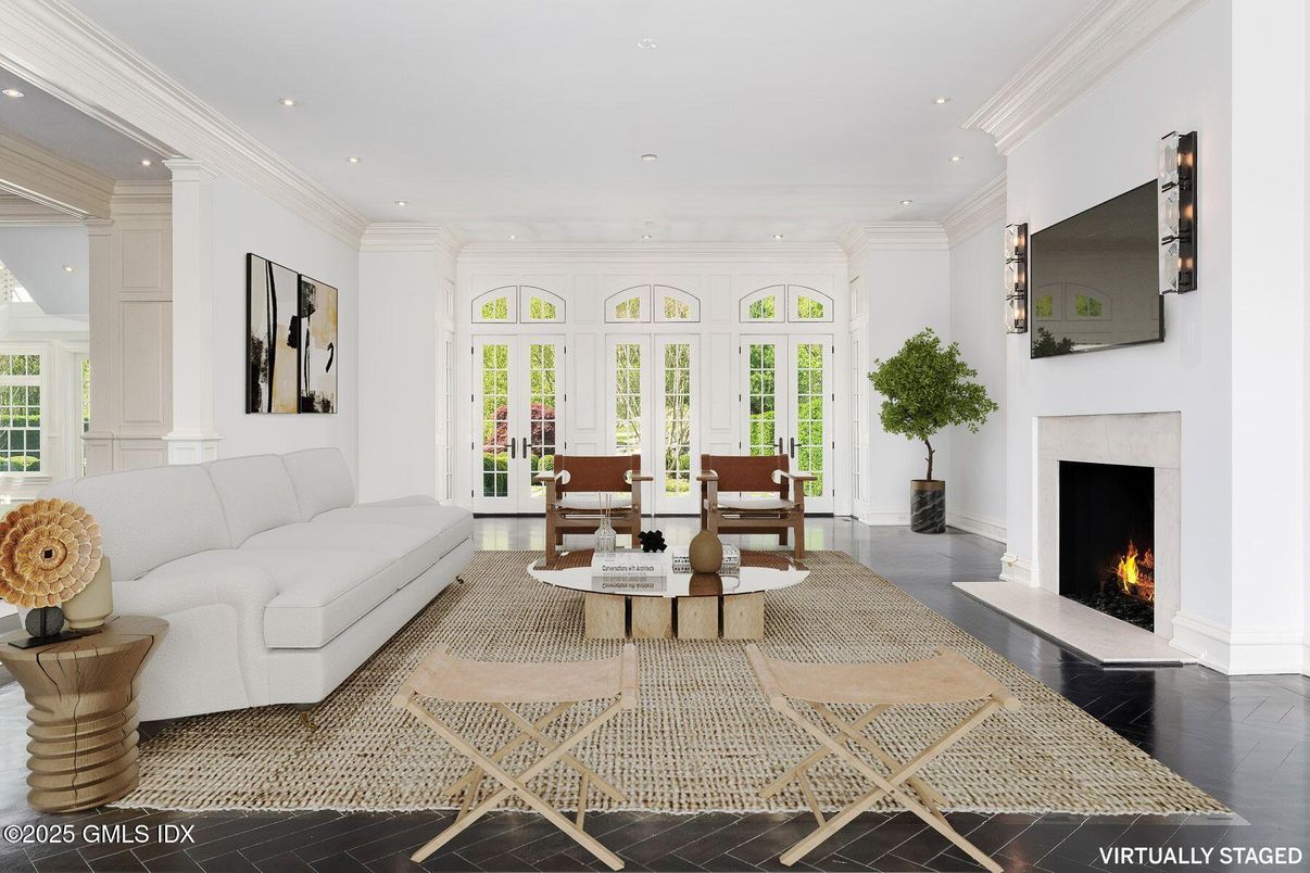 Dining room, Fireplace, Interior, Living room, Recessed Lighting, Wood Texture Flooring