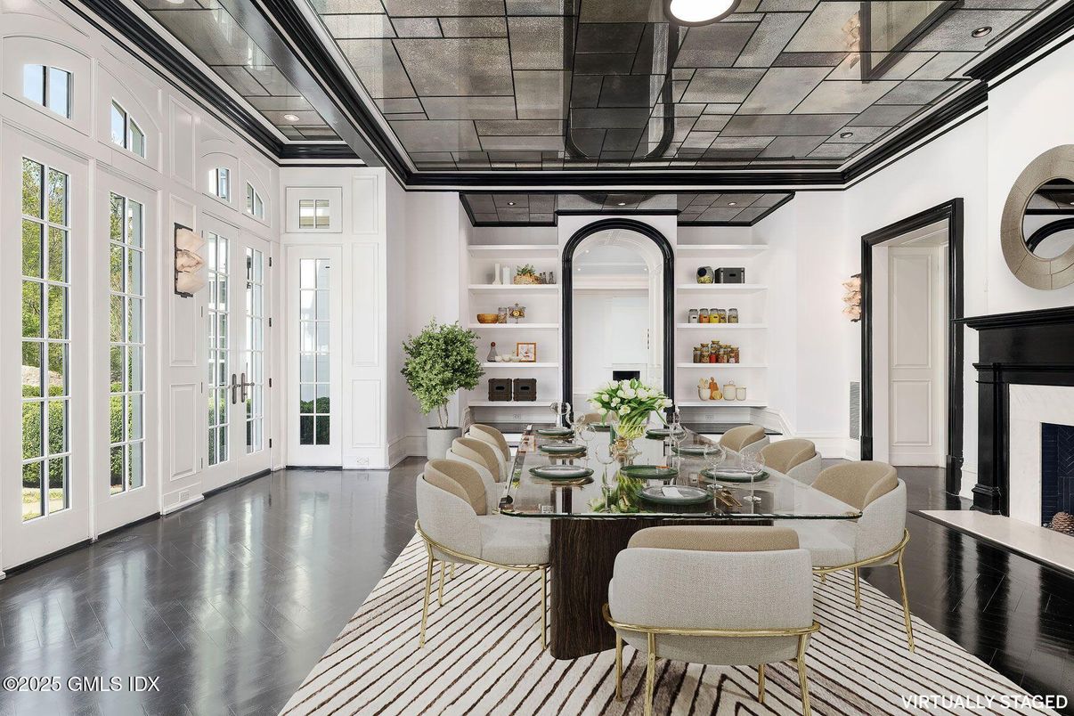 Dining room, Fireplace, Interior, Wood Texture Flooring
