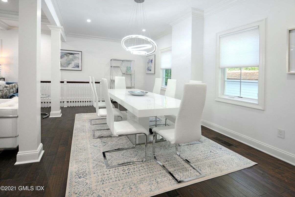 Dining room, Interior, Pendant Lights, Recessed Lighting, Wood Texture Flooring