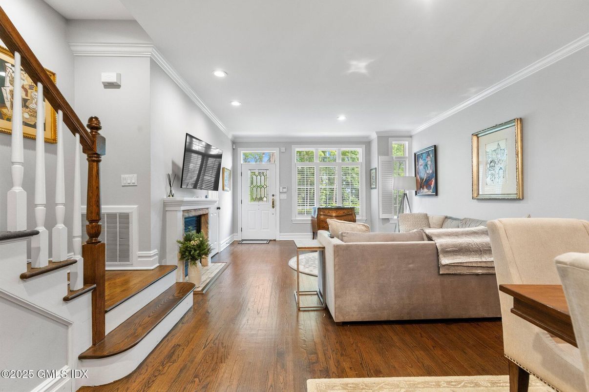 Fireplace, Interior, Living room, Recessed Lighting, Wood Texture Flooring