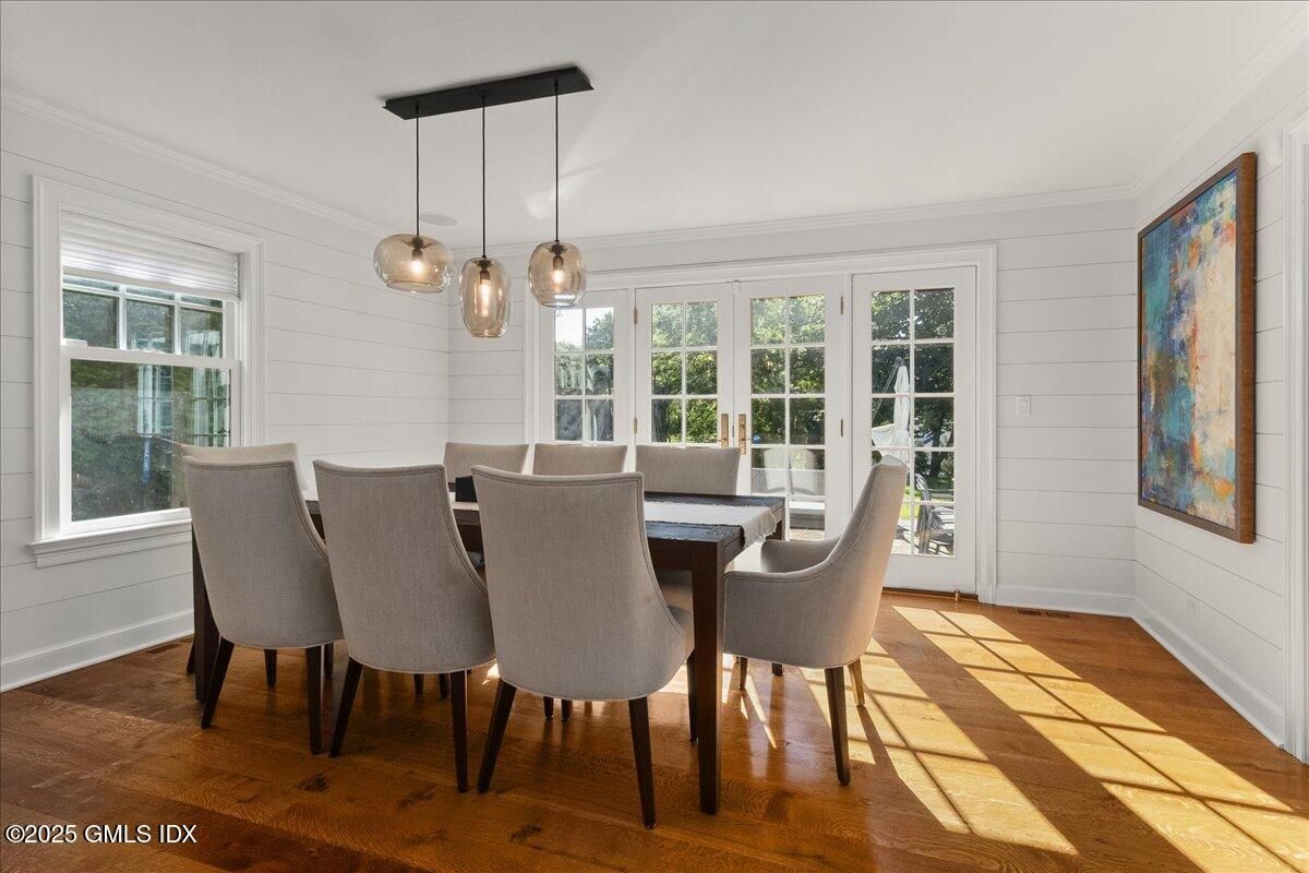 Dining room, Interior, Pendant Lights, Wood Texture Flooring