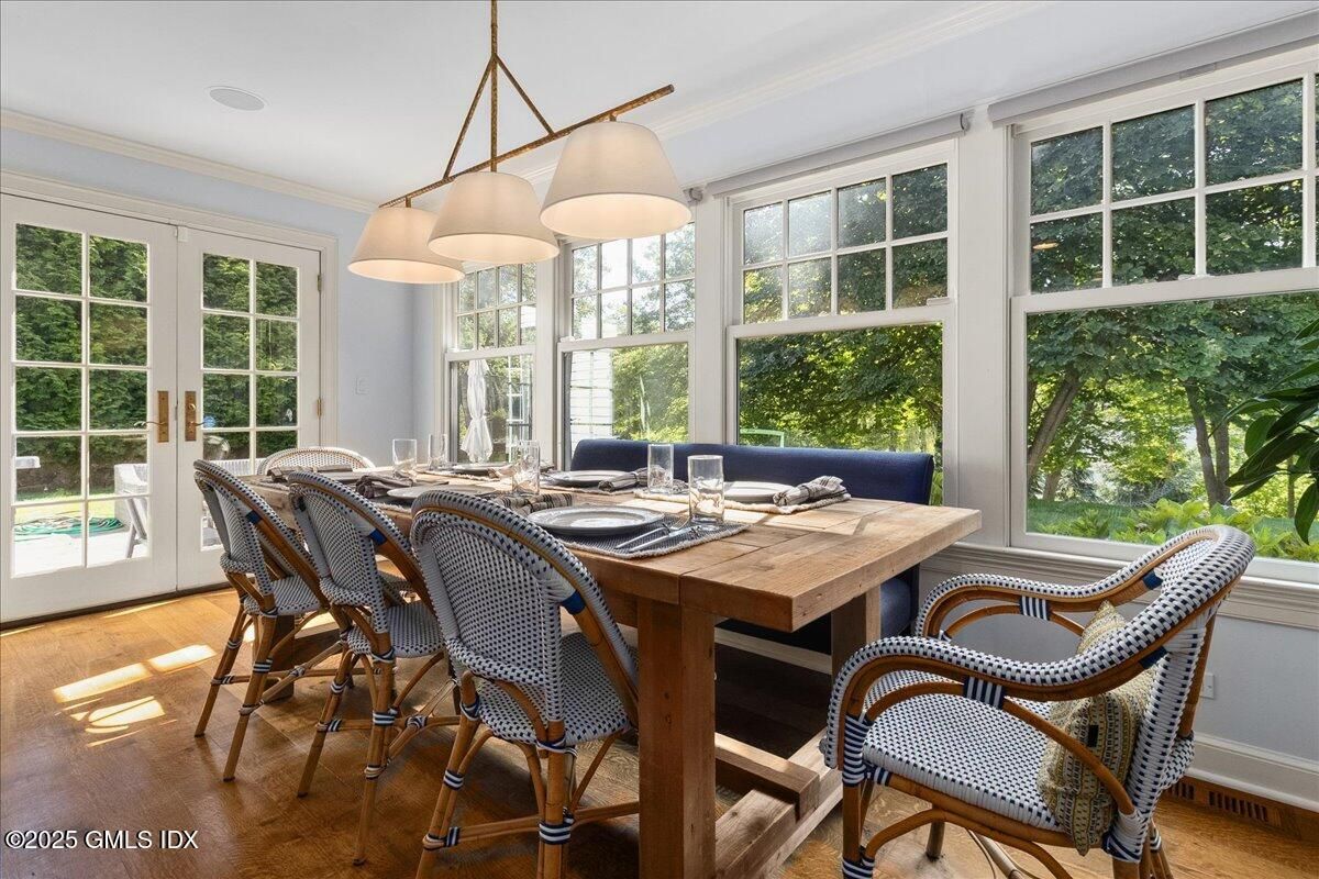 Dining room, Interior, Pendant Lights, Wood Texture Flooring