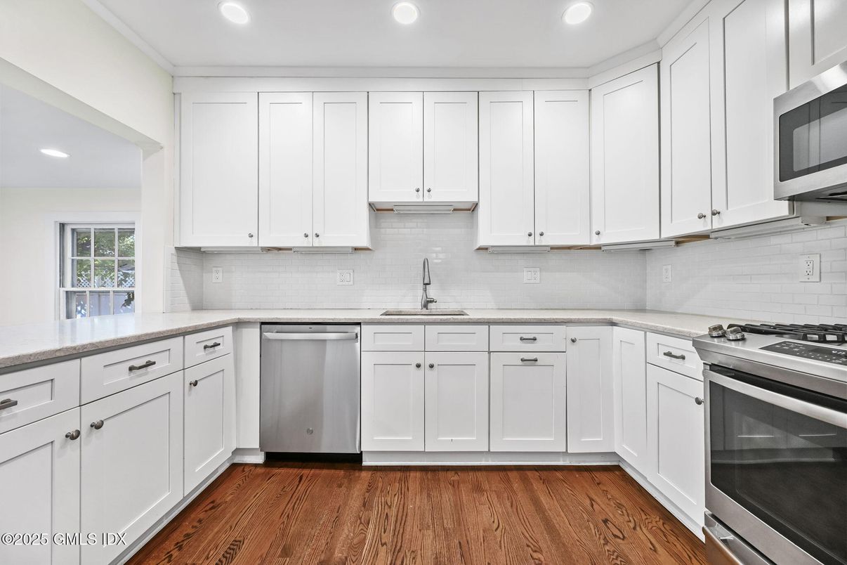 Interior, Kitchen, Recessed Lighting, Stainless Steel Appliances, Wood Texture Flooring
