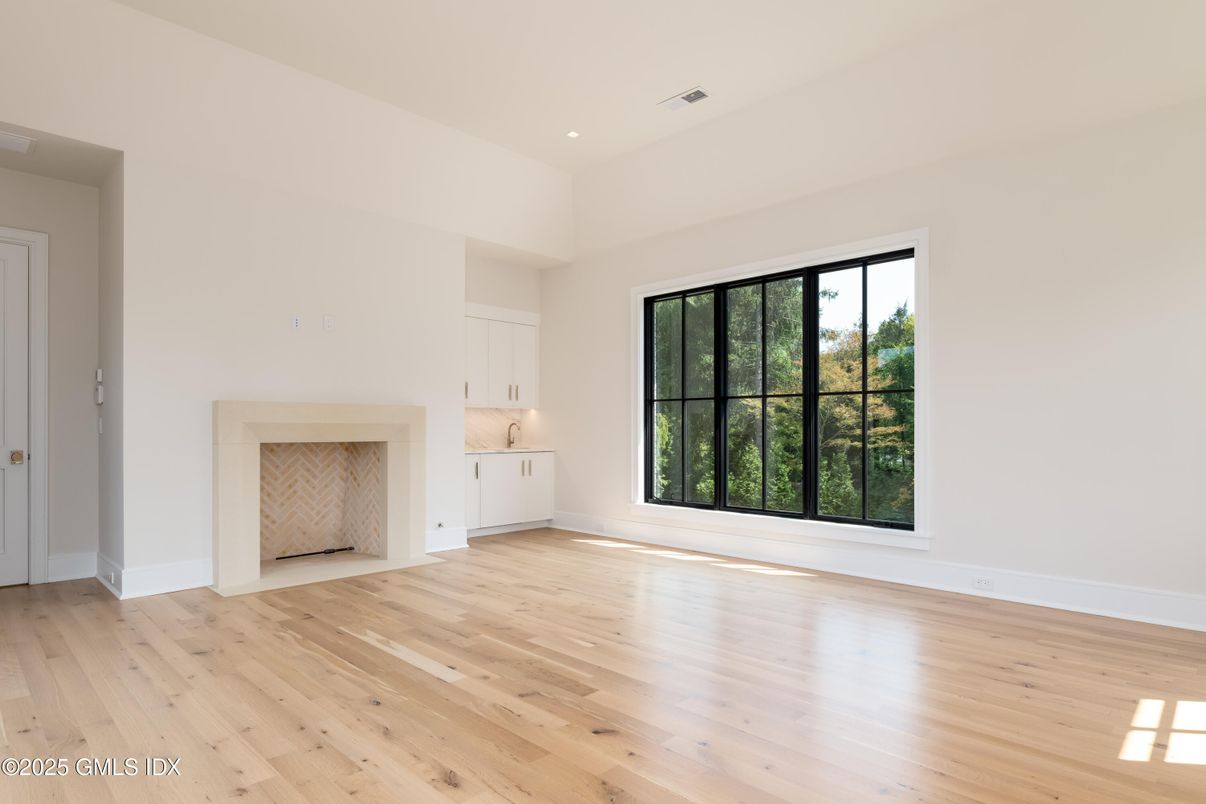 Empty room, Fireplace, Interior, Recessed Lighting, Wood Texture Flooring