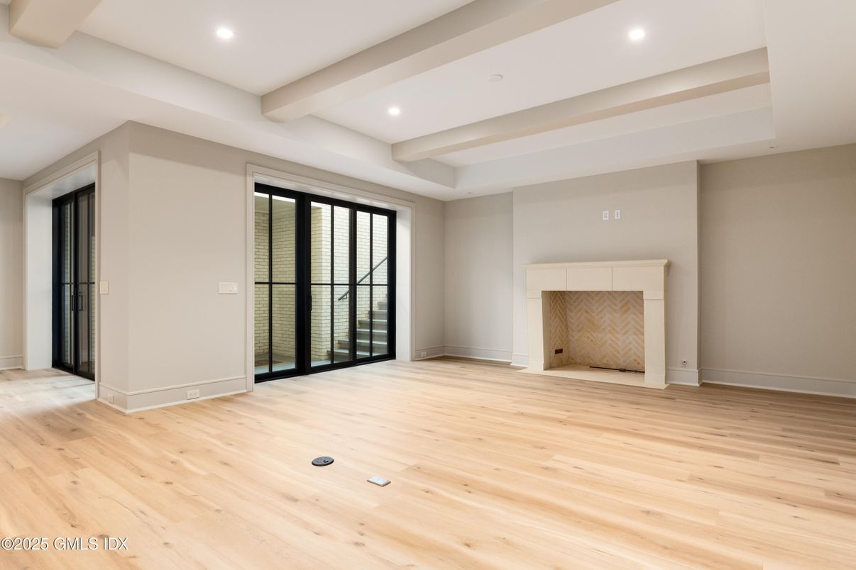 Empty room, Fireplace, Interior, Recessed Lighting, Wood Texture Flooring
