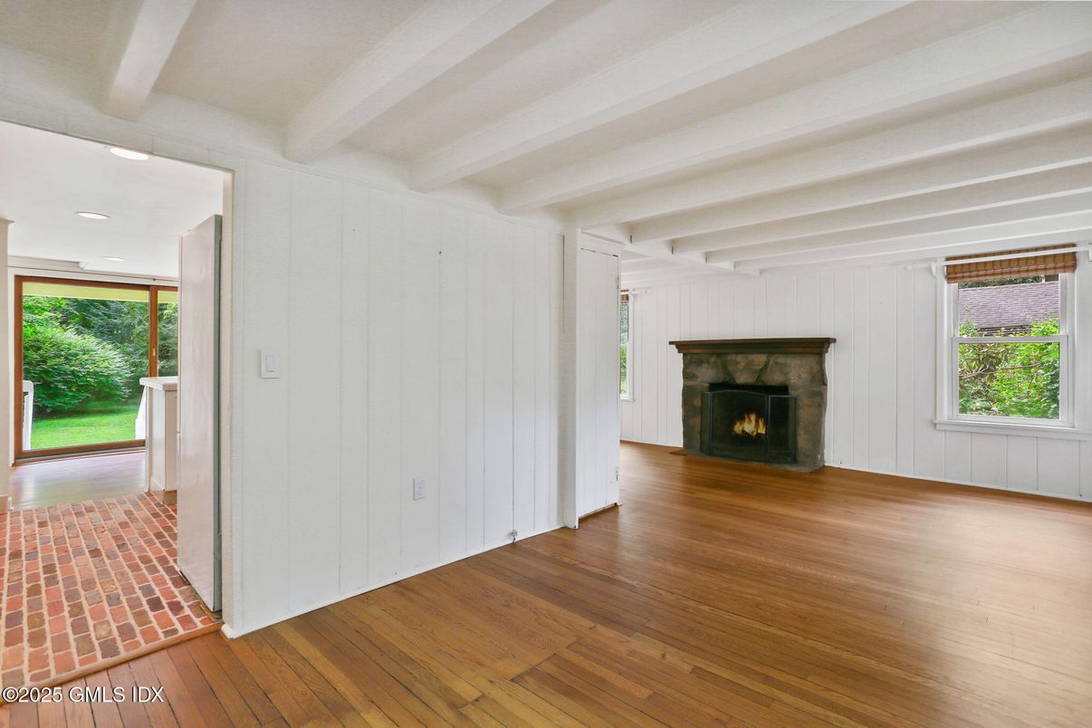 Empty room, Fireplace, Interior, Recessed Lighting, Wood Texture Flooring