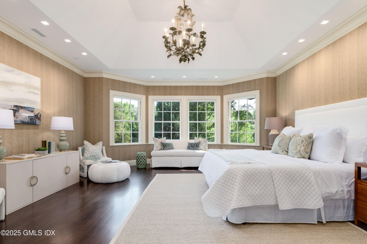 Bedroom, Chandelier, Interior, Recessed Lighting, Wood Texture Flooring