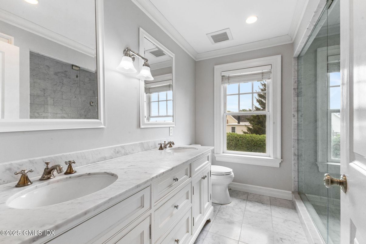 Bathroom, Dual Sink Vanities, Glass Shower, Interior, Recessed Lighting