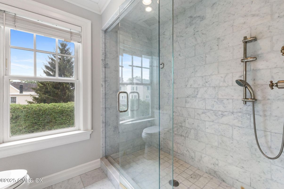 Bathroom, Glass Shower, Interior, Marble Walls, Recessed Lighting