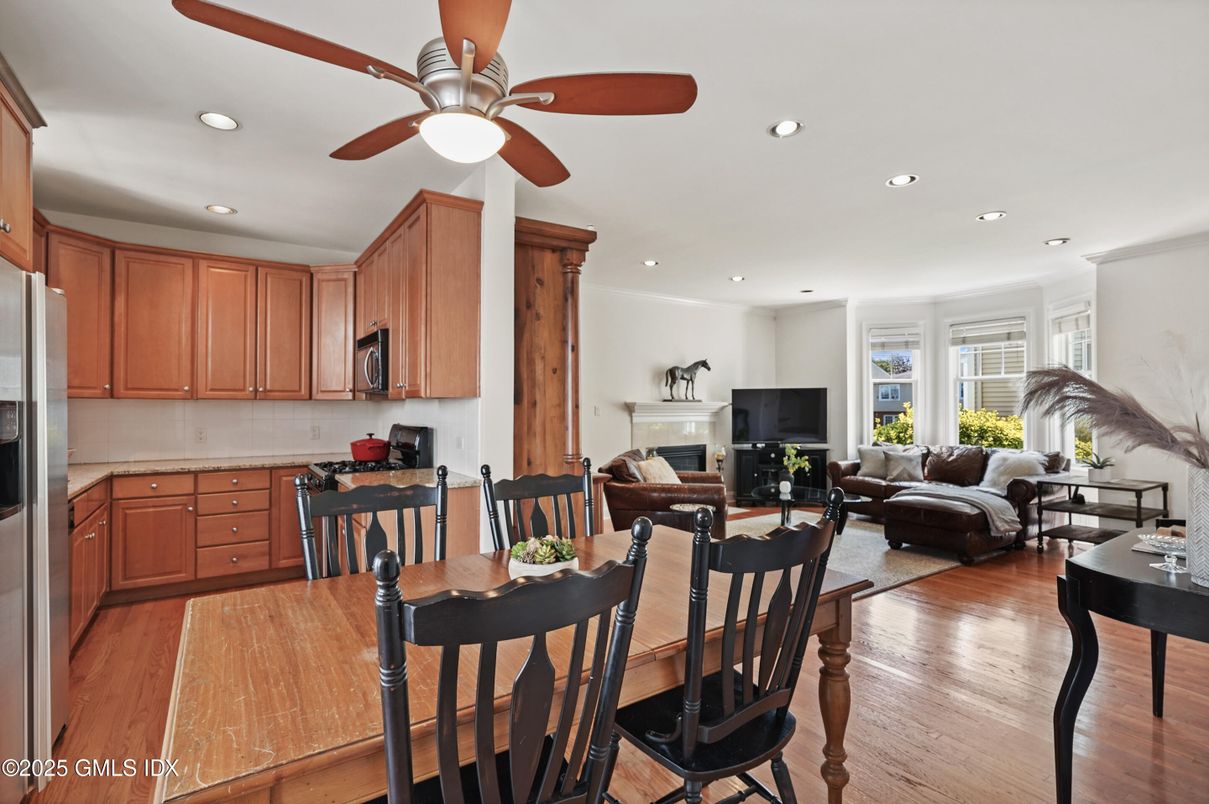 Dining room, Fireplace, Interior, Kitchen, Living room, Recessed Lighting, Wood Texture Flooring