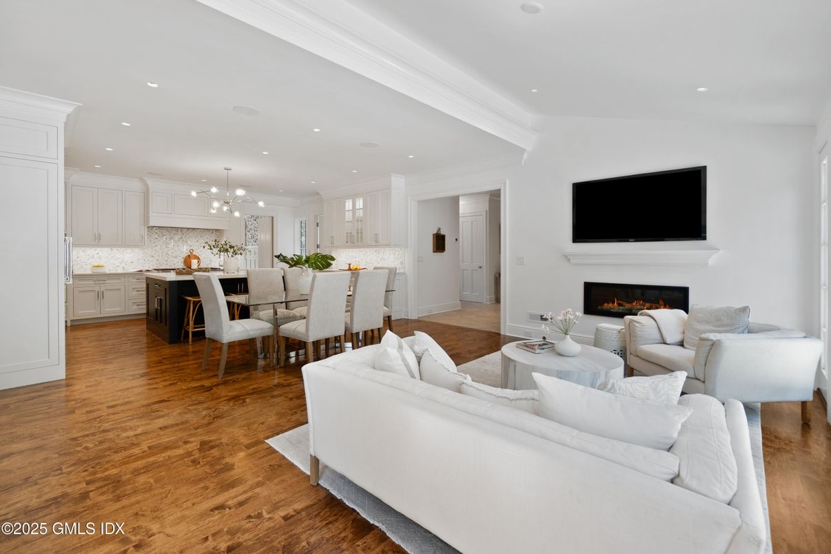 Dining room, Fireplace, Interior, Kitchen, Living room, Pendant Lights, Recessed Lighting, Wood Texture Flooring