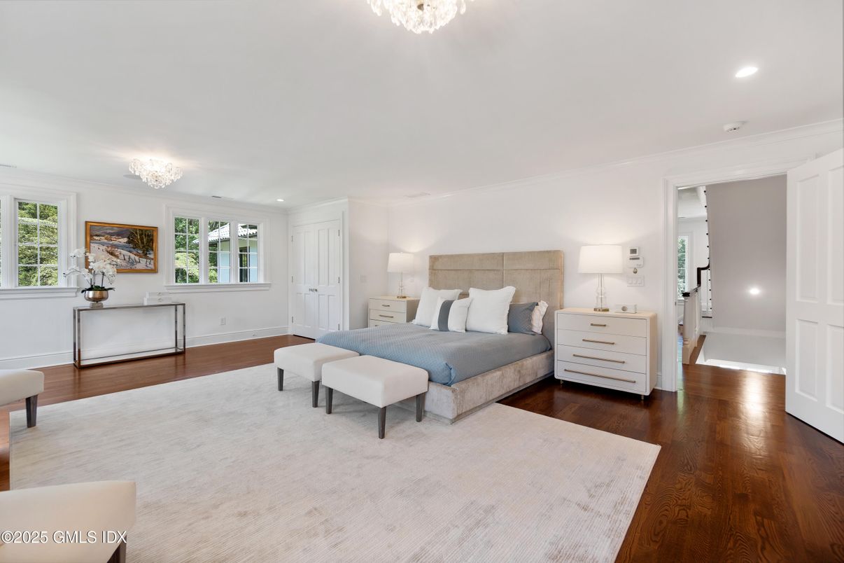 Bedroom, Chandelier, Interior, Recessed Lighting, Wood Texture Flooring
