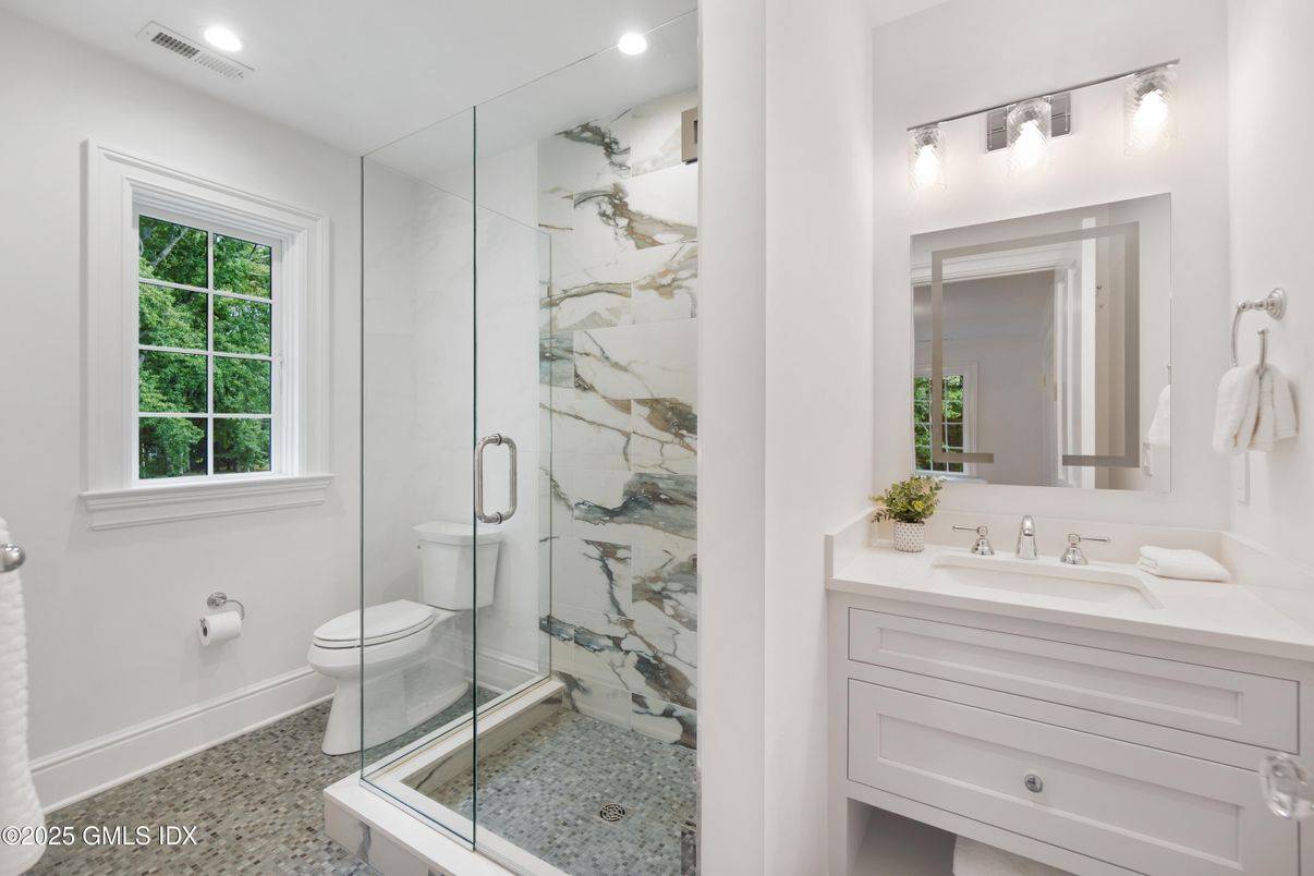 Bathroom, Glass Shower, Interior, Marble Walls, Recessed Lighting