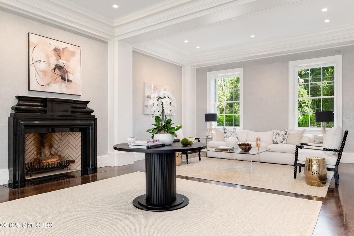 Fireplace, Interior, Living room, Recessed Lighting, Wood Texture Flooring