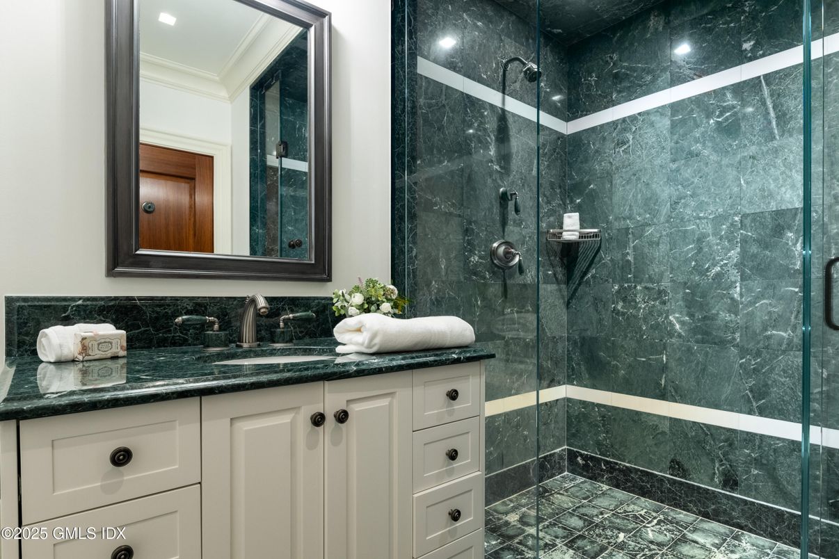 Bathroom, Glass Shower, Interior, Marble Walls, Recessed Lighting