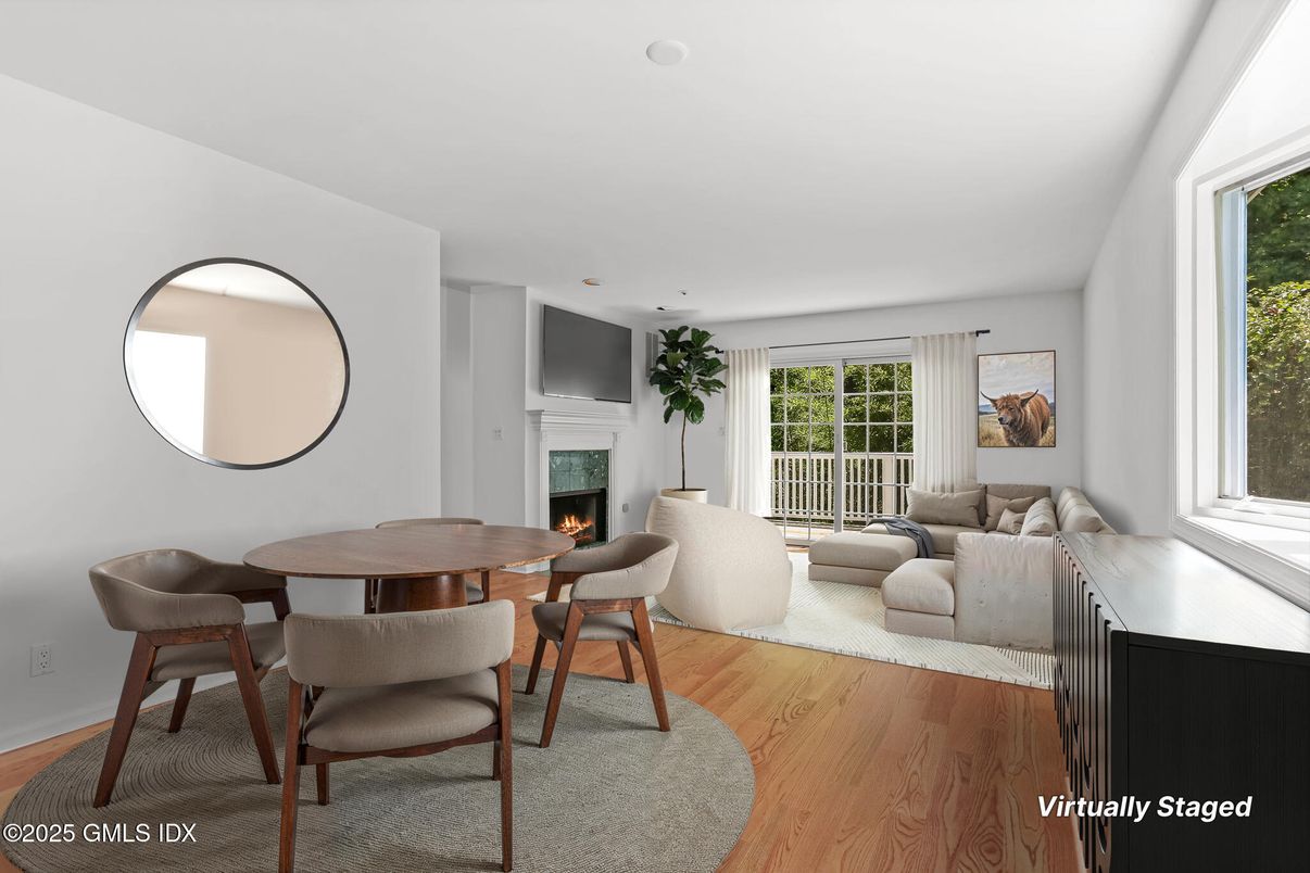 Dining room, Fireplace, Interior, Living room, Wood Texture Flooring