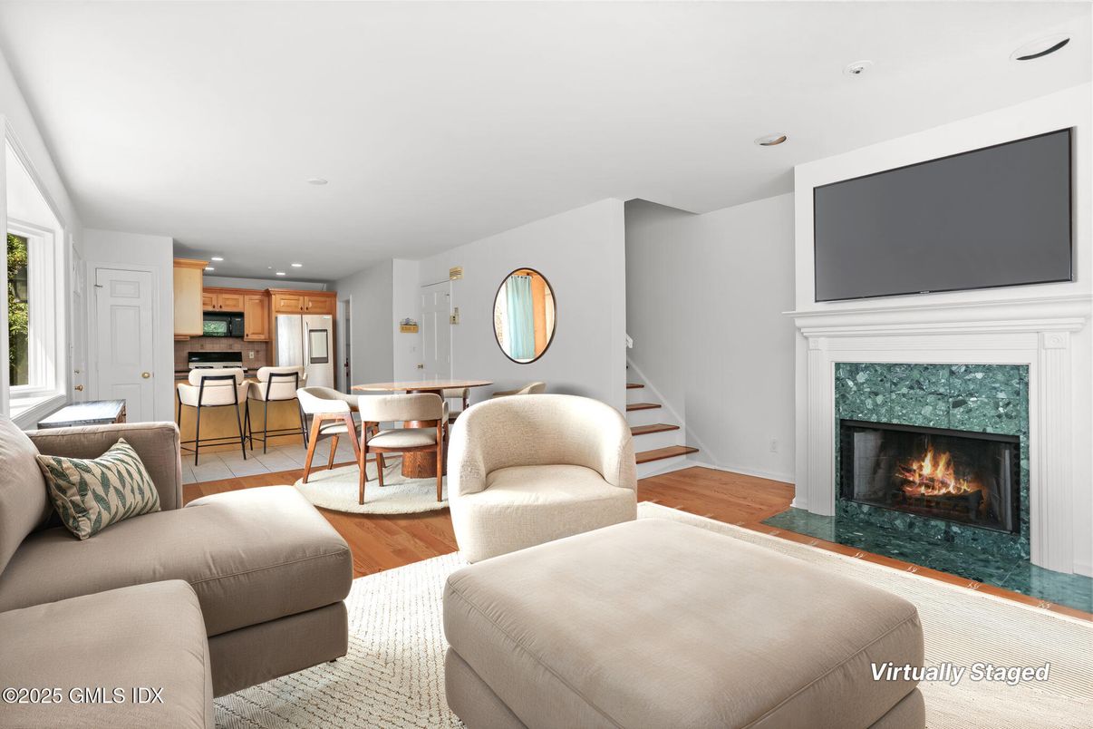 Dining room, Fireplace, Interior, Kitchen, Living room, Recessed Lighting, Wood Texture Flooring