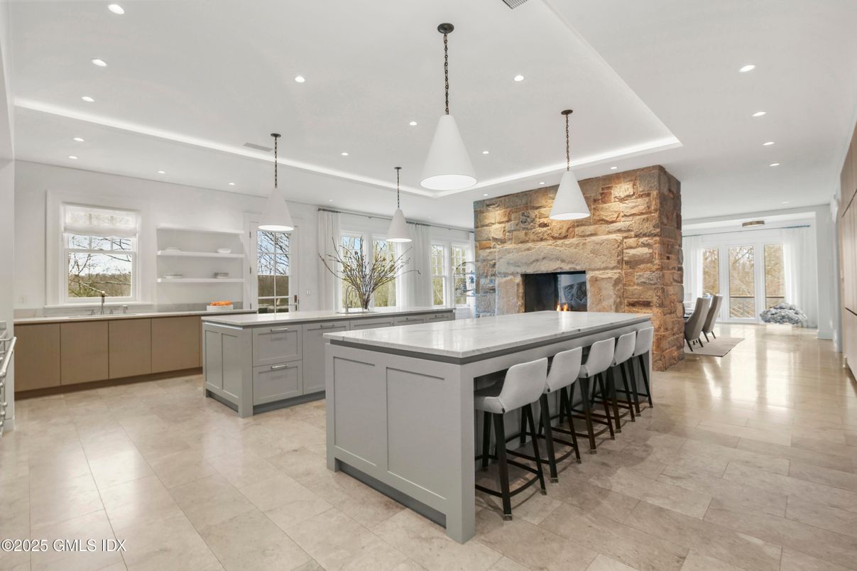 Fireplace, Interior, Kitchen, Pendant Lights, Recessed Lighting, Stainless Steel Appliances