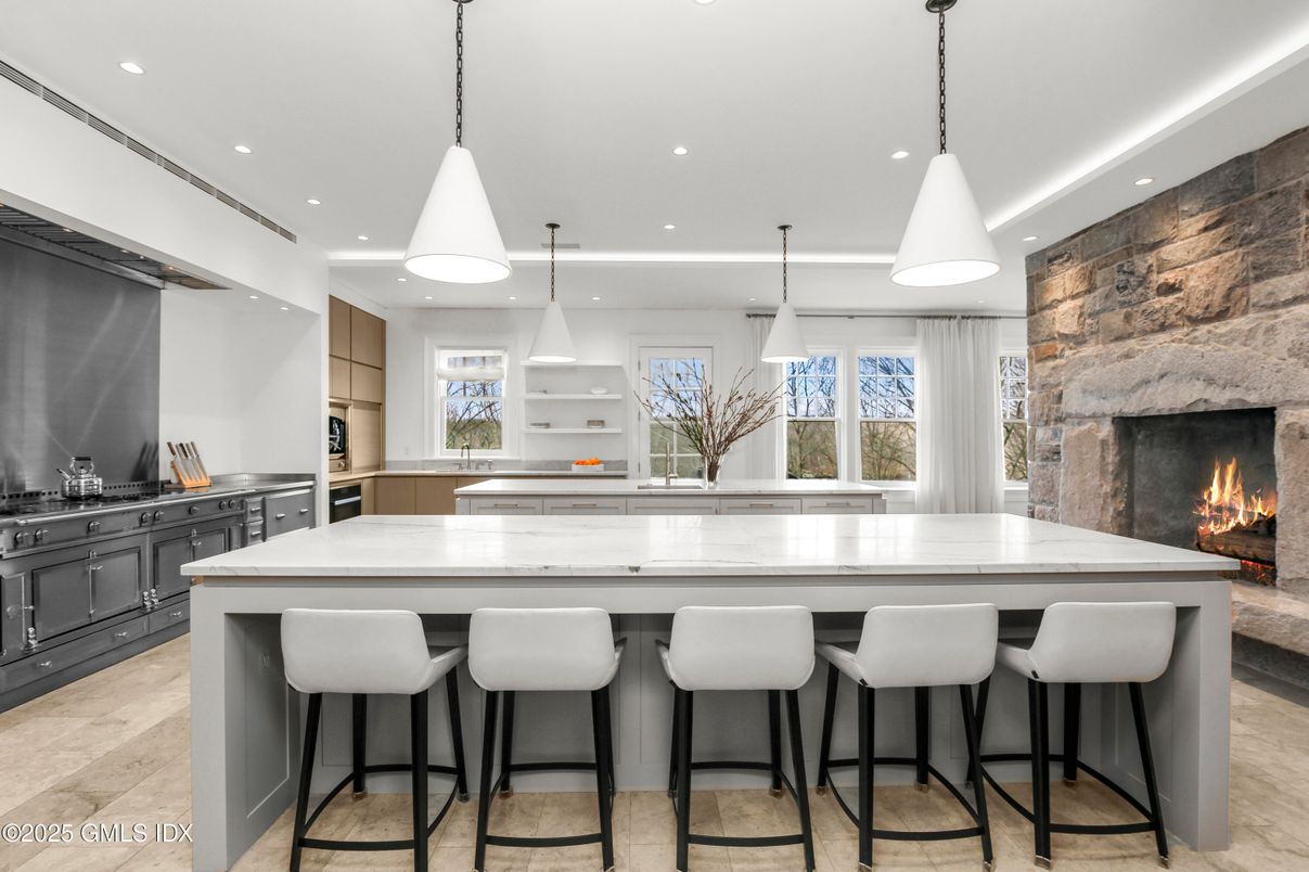Fireplace, Interior, Kitchen, Pendant Lights, Recessed Lighting, Stainless Steel Appliances