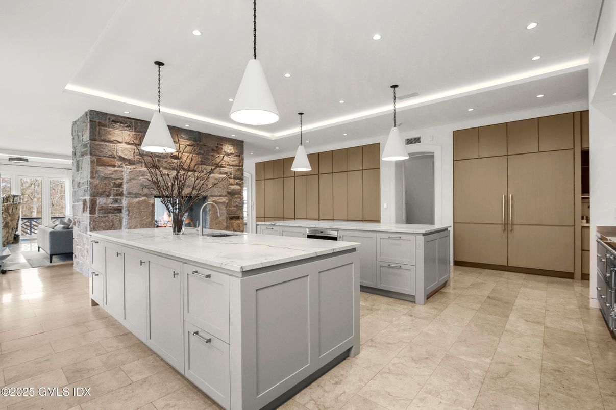Interior, Kitchen, Pendant Lights, Recessed Lighting, Stainless Steel Appliances, Stone Walls