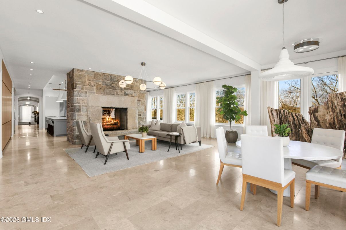 Dining room, Fireplace, Interior, Living room, Pendant Lights, Recessed Lighting