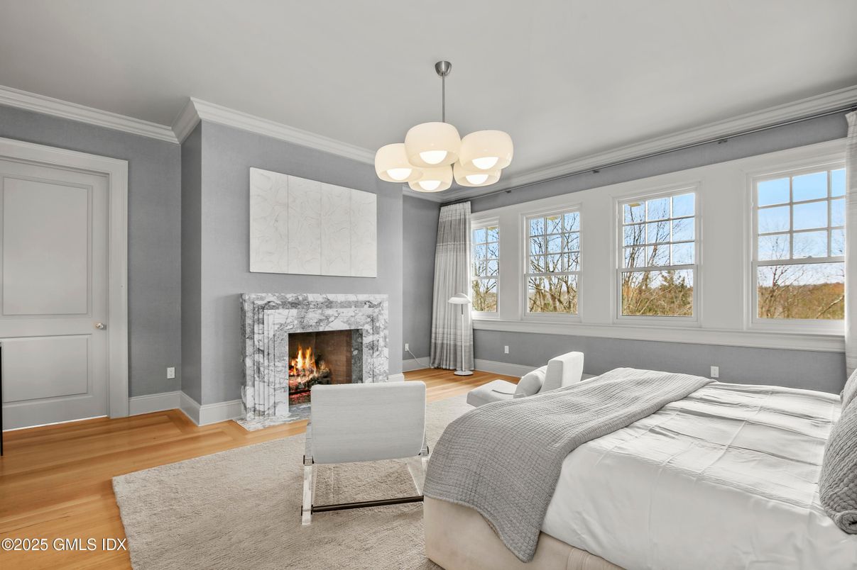 Bedroom, Fireplace, Interior, Pendant Lights, Wood Texture Flooring