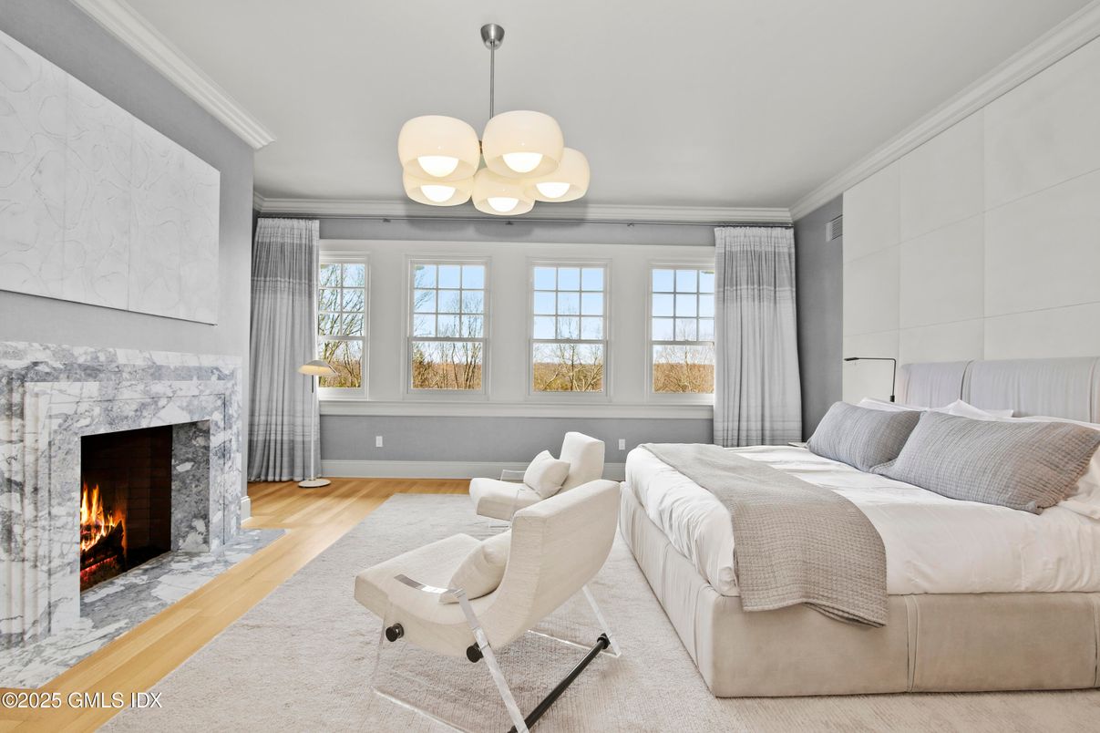 Bedroom, Fireplace, Interior, Pendant Lights, Wood Texture Flooring