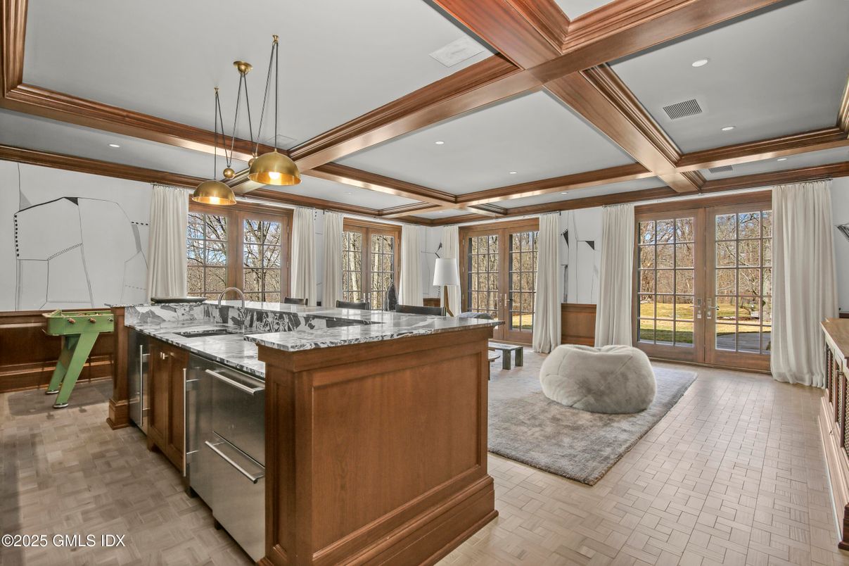 Interior, Kitchen, Pendant Lights, Recessed Lighting, Stainless Steel Appliances, Wooden Beams, Wood Texture Flooring