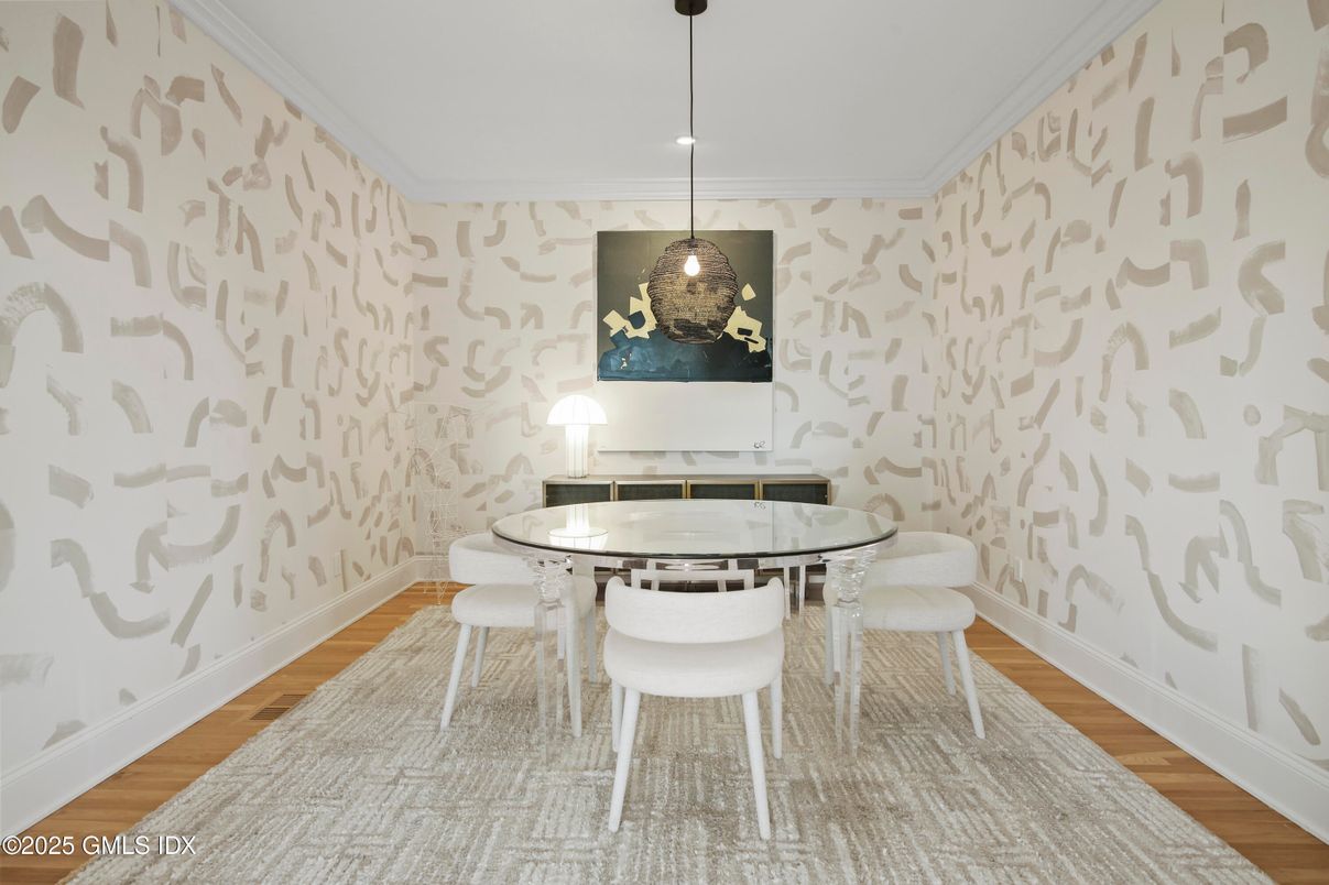 Dining room, Interior, Pendant Lights, Wood Texture Flooring