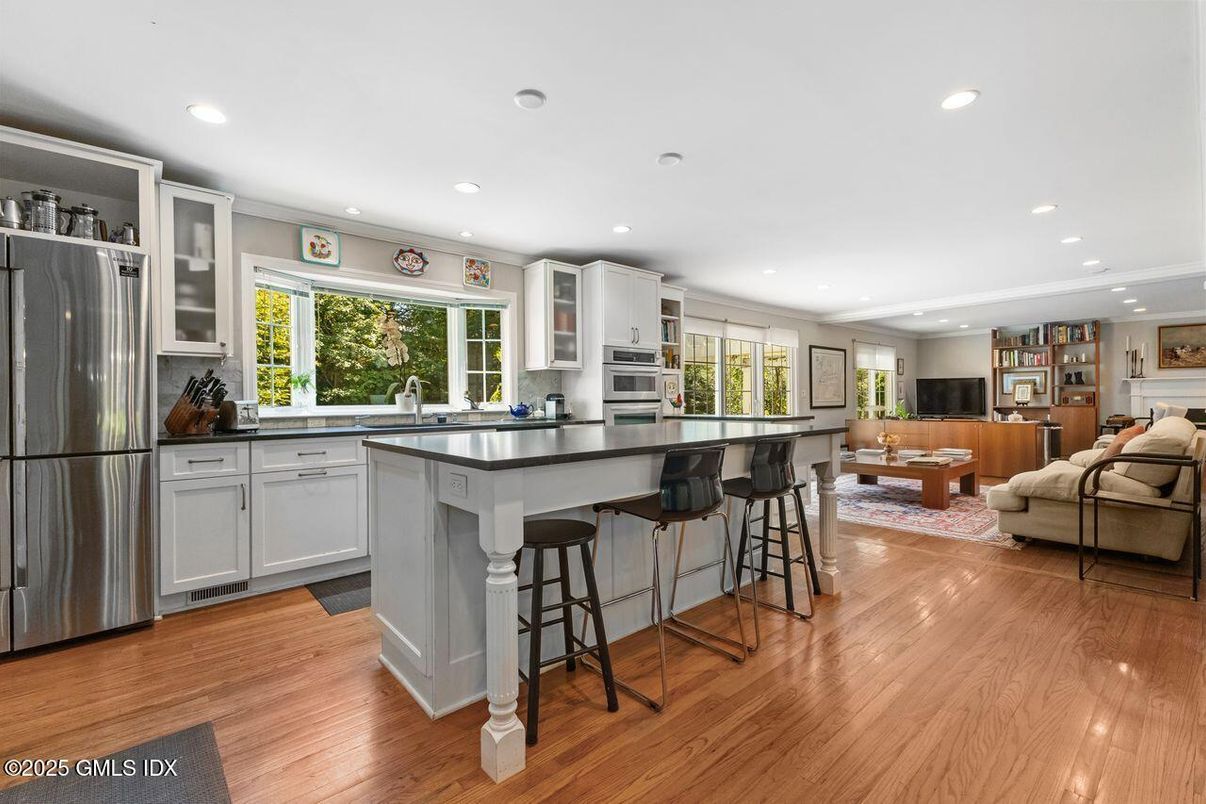 Interior, Kitchen, Living room, Recessed Lighting, Stainless Steel Appliances, Wood Texture Flooring