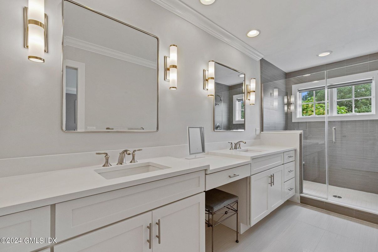 Bathroom, Dual Sink Vanities, Glass Shower, Interior, Recessed Lighting