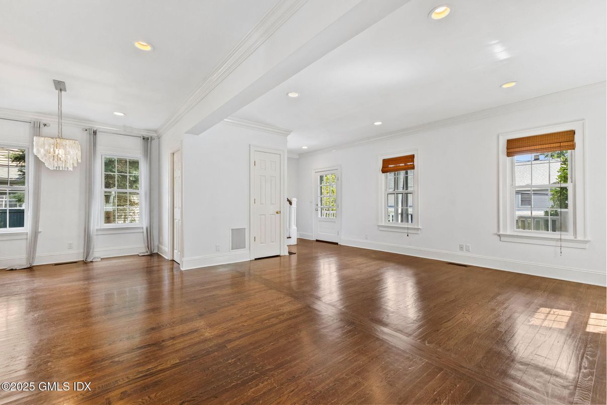 Chandelier, Empty room, Interior, Recessed Lighting, Wood Texture Flooring