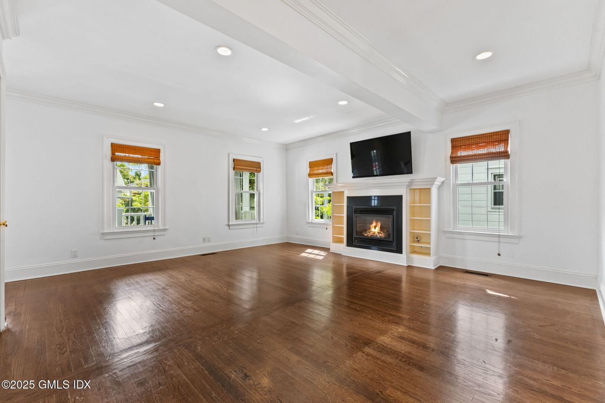 Empty room, Fireplace, Interior, Recessed Lighting, Wood Texture Flooring