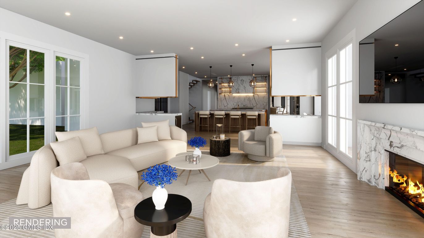 Fireplace, Interior, Kitchen, Living room, Marble Walls, Pendant Lights, Recessed Lighting, Wood Texture Flooring